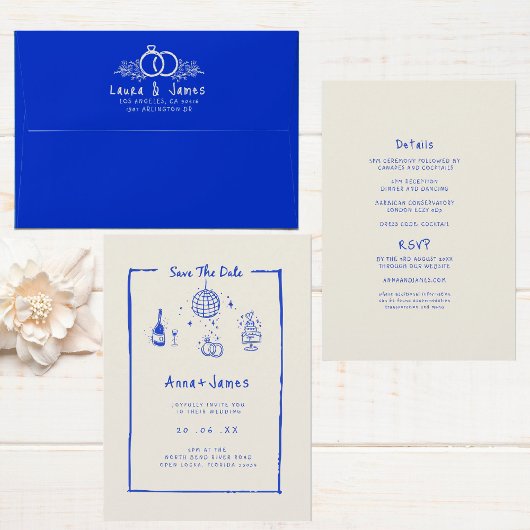 Hand getrokken grillige trendy blauwe funky bruilo kaart