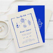 Hand getrokken grillige trendy blauwe funky bruilo kaart