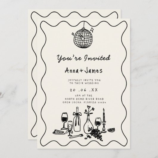 Hand getrokken grillige trendy funky bruiloft kaart (Voorkant / Achterkant)