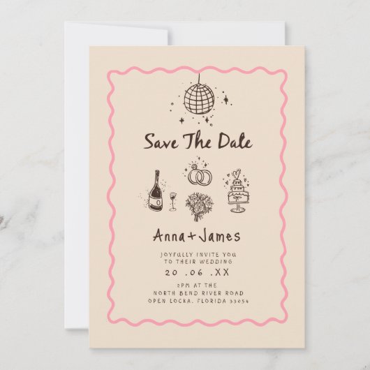 Hand getrokken grillige trendy funky bruiloft kaart (Voorkant)