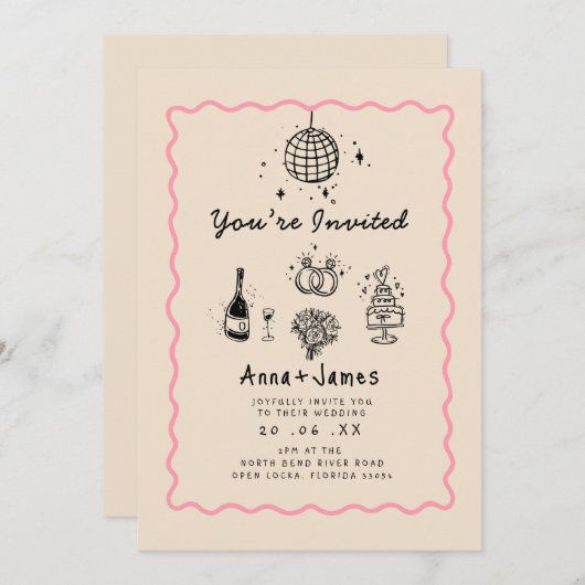 Hand getrokken grillige trendy funky bruiloft kaart (Voorkant / Achterkant)