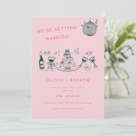 Hand getrokken grillige unieke eigenzinnige bruilo kaart (Staand voorkant)