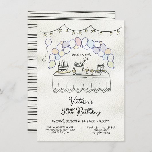 Hand getrokken grillige volwassen verjaardagsfeest kaart (Voorkant / Achterkant)