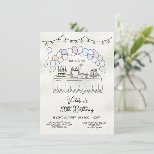 Hand getrokken grillige volwassen verjaardagsfeest kaart (Staand voorkant)