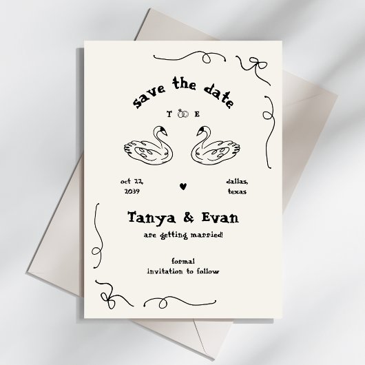 Hand getrokken grillige Zwaan Monogram Doodle Wedd Save The Date