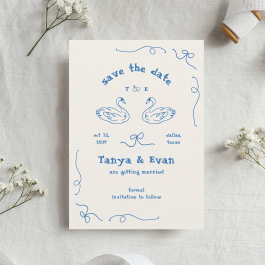 Hand getrokken grillige Zwaan Monogram Doodle Wedd Save The Date