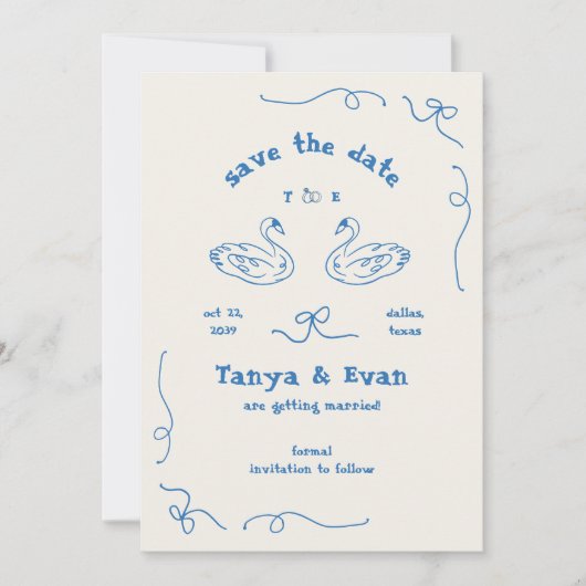 Hand getrokken grillige Zwaan Monogram Doodle Wedd Save The Date (Voorkant)