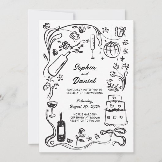 Hand getrokken grillige zwart en bruiloft uitnodig kaart (Voorkant)