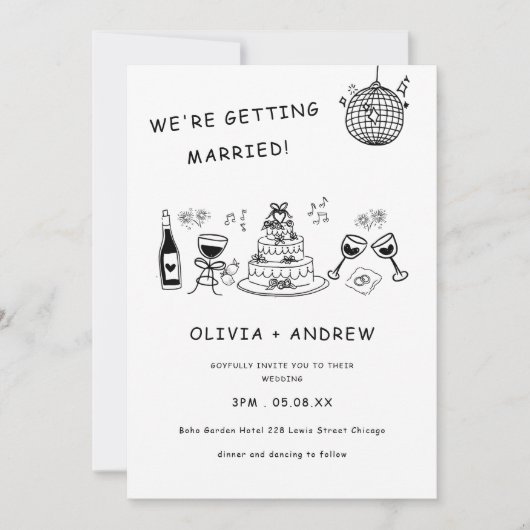 Hand getrokken grillige zwart-wit bruiloft kaart (Voorkant)