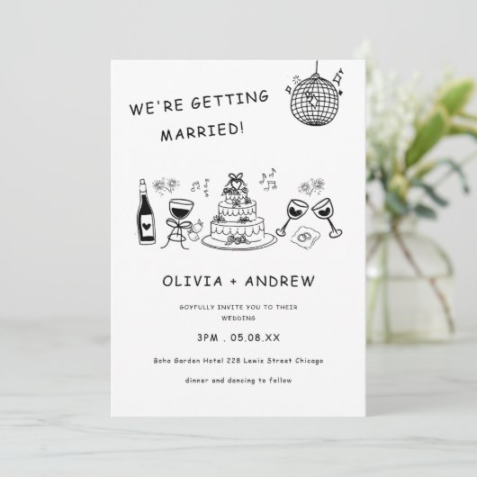 Hand getrokken grillige zwart-wit bruiloft kaart (Staand voorkant)