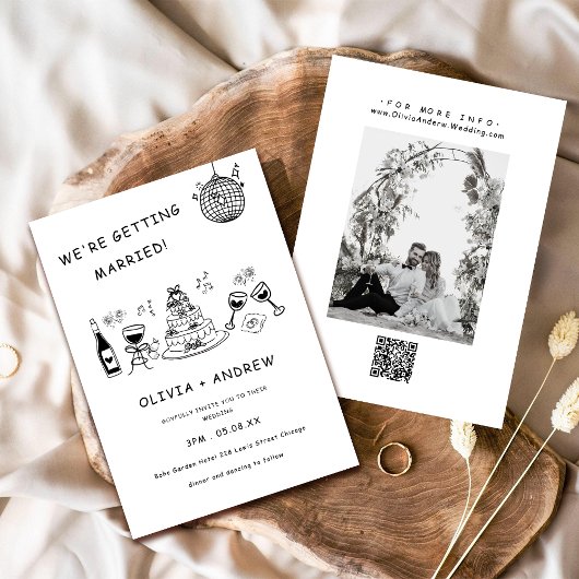 Hand getrokken grillige zwart-wit bruiloft kaart