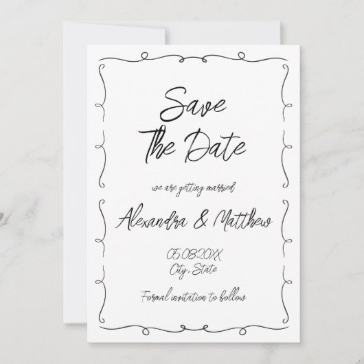 Hand getrokken grillige zwart-wit save the date (Voorkant)