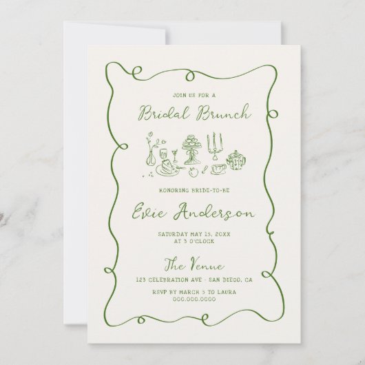 Hand getrokken groene bruids brunch kaart (Voorkant)