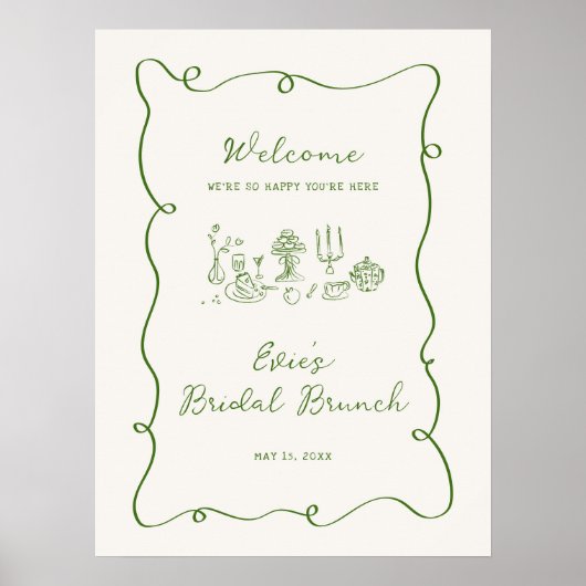 Hand getrokken groene bruids brunch welkomstbord poster (Voorkant)