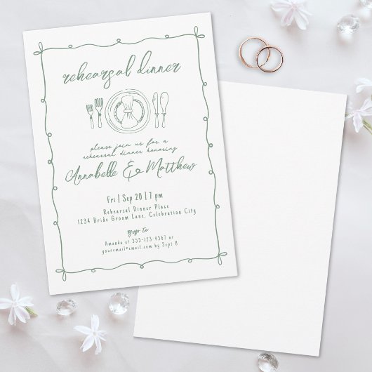 Hand getrokken groene bruiloft repetitie diner kaart