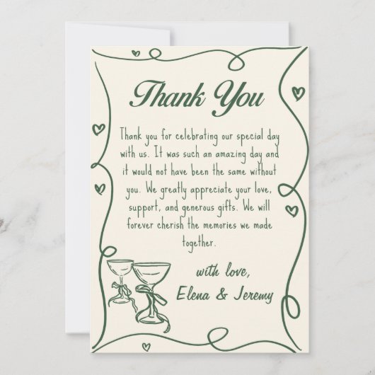 Hand getrokken groene champagne bruiloft dank u ka bedankkaart (Voorkant)