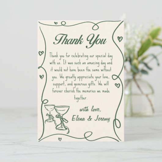 Hand getrokken groene champagne bruiloft dank u ka bedankkaart (Staand voorkant)