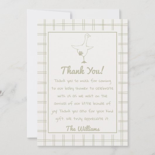 Hand getrokken groene Gekke Goose Gingham Baby sho Bedankkaart (Voorkant)