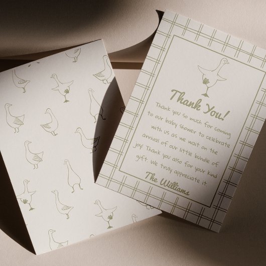 Hand getrokken groene Gekke Goose Gingham Baby sho Bedankkaart