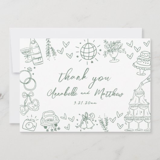 Hand getrokken groene grillige bruiloft bedankkaart (Voorkant)