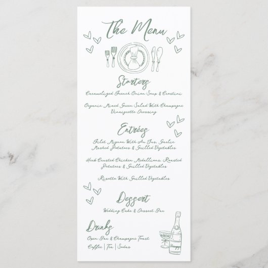 Hand getrokken groene grillige bruiloft menu (Voorkant)