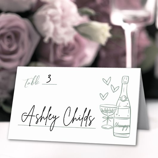 Hand getrokken groene grillige bruiloft plaatskaartje