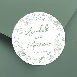 Hand getrokken groene grillige bruiloft ronde sticker