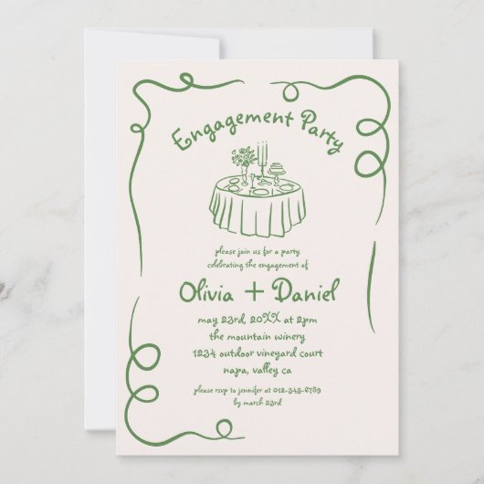 Hand getrokken groene grillige verlovingsfeest kaart (Voorkant)