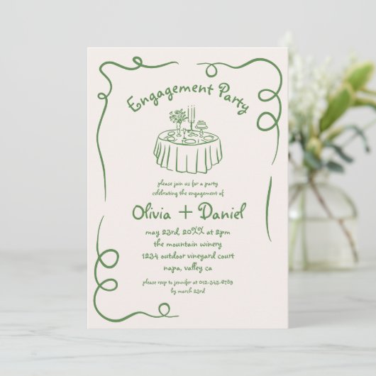 Hand getrokken groene grillige verlovingsfeest kaart (Staand voorkant)