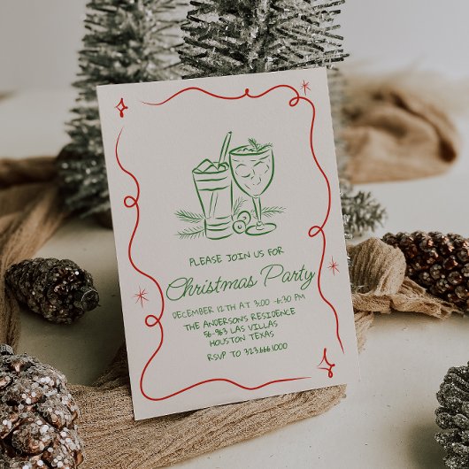 Hand getrokken groene rode kerst cocktail party kaart