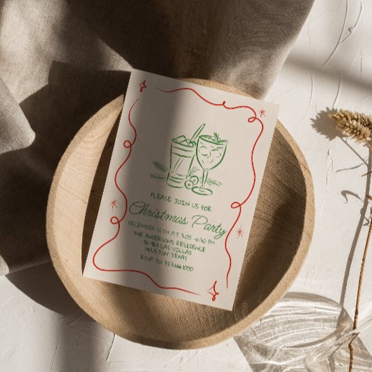 Hand getrokken groene rode kerst cocktail party kaart
