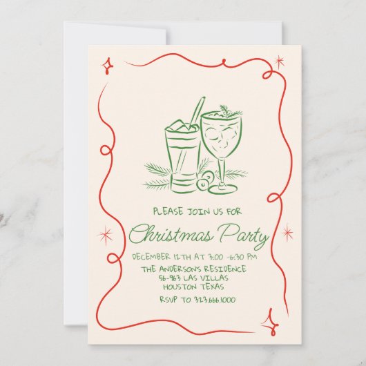 Hand getrokken groene rode kerst cocktail party kaart (Voorkant)