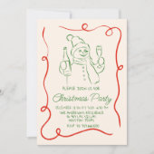 Hand getrokken groene rode kerst sneeuwpop partij kaart (Voorkant)
