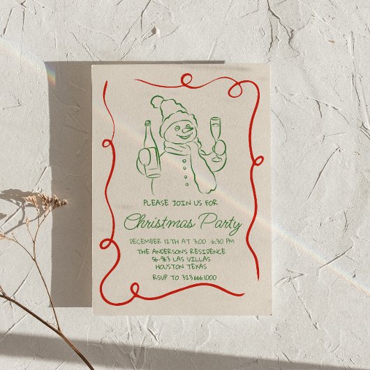 Hand getrokken groene rode kerst sneeuwpop partij kaart