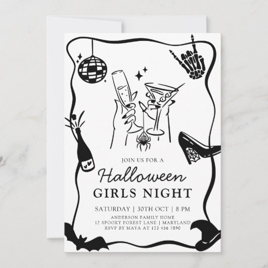 Hand getrokken Halloween Girls Night Uitnodiging (Voorkant)