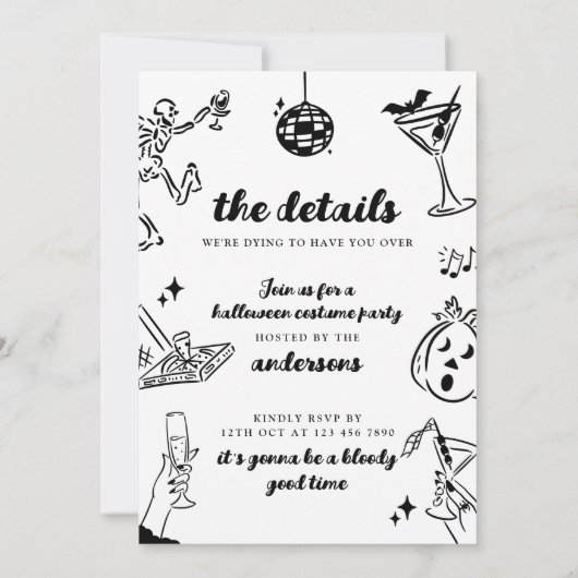 Hand getrokken Halloween Kostuum Party Uitnodiging (Achterkant)