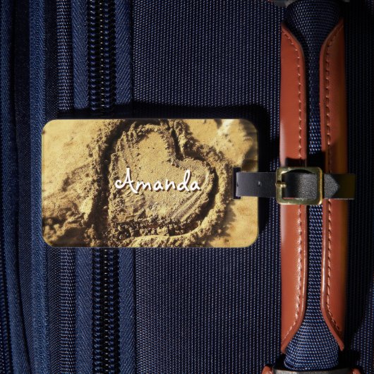 Hand getrokken hart in zand foto aangepaste naam s bagagelabel (Voorkant Insitu 4)