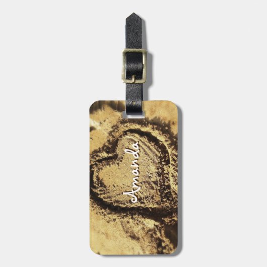 Hand getrokken hart in zand foto aangepaste naam s bagagelabel (Voorkant verticaal)