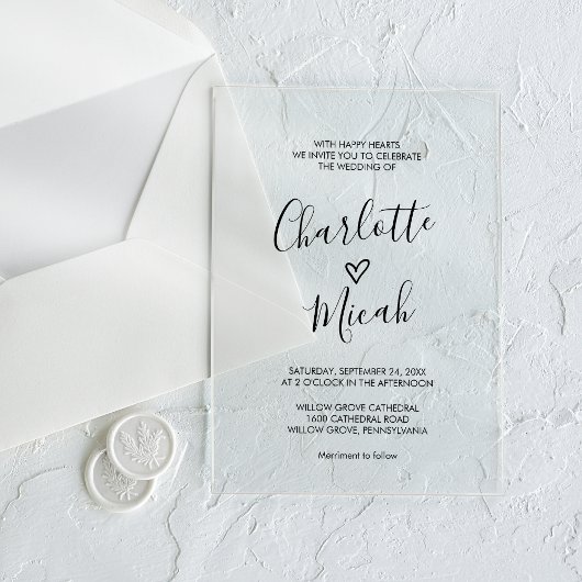 Hand getrokken hart romantische moderne eenvoudige acryl uitnodigingen