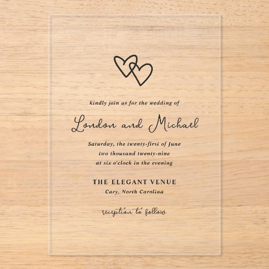 Hand getrokken harten Doodle moderne bruiloft Acryl Uitnodigingen (Voorkant)