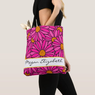 Hand getrokken Heet Roze & Sinaasappel Daisy Patte Tote Bag