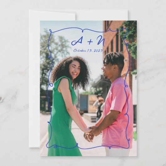 Hand getrokken Helder Blauw Foto Monogram Bruiloft Save The Date (Achterkant)