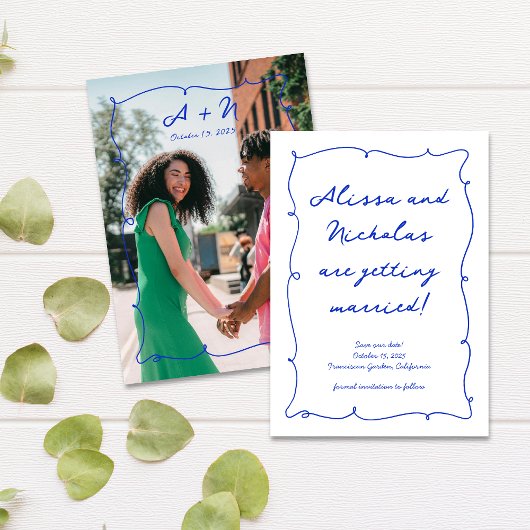 Hand getrokken Helder Blauw Foto Monogram Bruiloft Save The Date