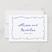 Hand getrokken Helder Blauwe Rand & Script Bruilof RSVP Kaartje (Achterkant)
