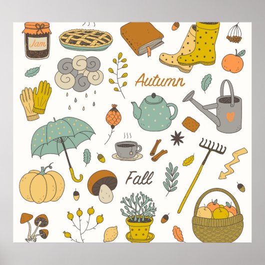 Hand getrokken Herfst: kleurrijke set Poster (Voorkant)