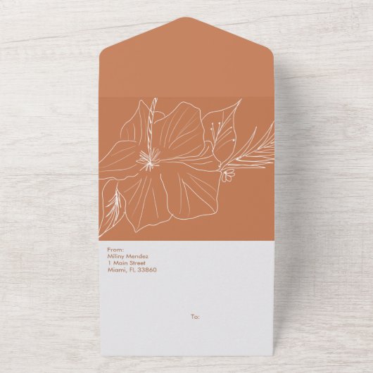 Hand getrokken hibiscus aards all in one uitnodiging (Buitenkant)