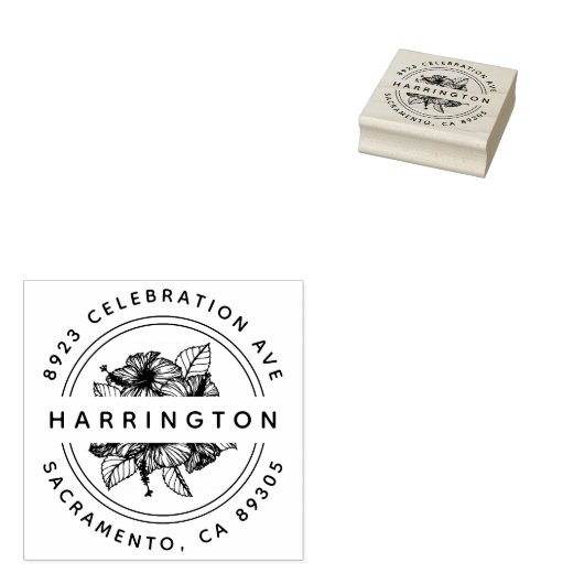 Hand-getrokken Hibiscus Boeket Rond retouradres Rubberstempel (Gestempeld)