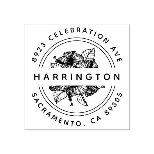 Hand-getrokken Hibiscus Boeket Rond retouradres Rubberstempel (Afrduk)