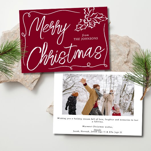 Hand getrokken Holly Berry Bourgogne Foto Kerstmis Feestdagenkaart