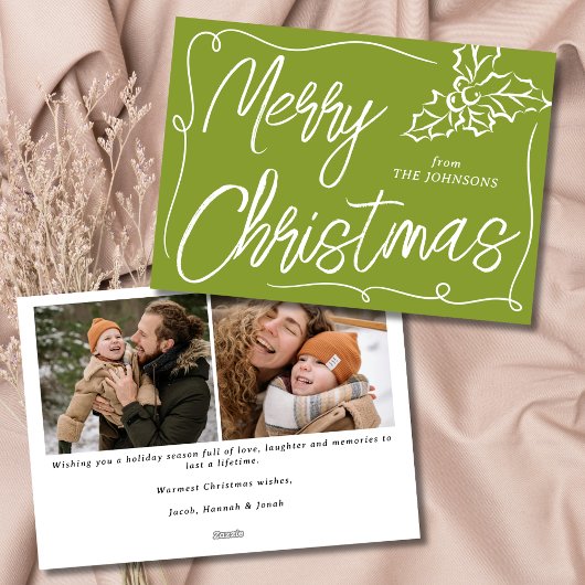 Hand getrokken Holly Berry Olive 2 Foto Kerstmis Feestdagenkaart